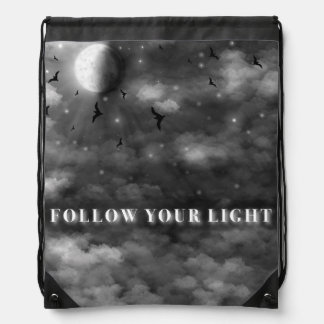 Follow Your Light | Celestial Moon and Clouds Draw Drawstring Bag