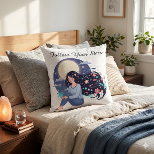 Follow Your Stars Celestial Woman Art Print Moon Throw Pillow