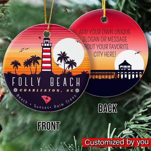 Folly Beach lighthouse SC Retro Sunset Souvenirs Ceramic Ornament