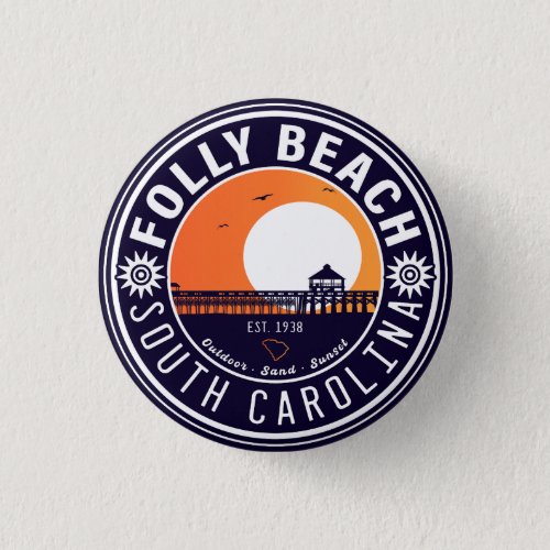Folly Beach SC Souvenirs Retro Sunset Pier 60s Button