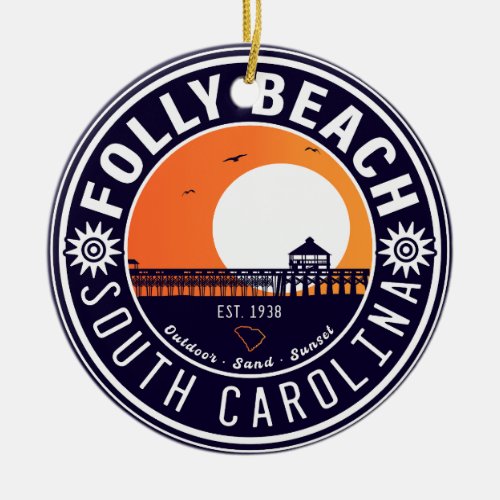 Folly Beach SC Souvenirs Retro Sunset Pier 60s Ceramic Ornament