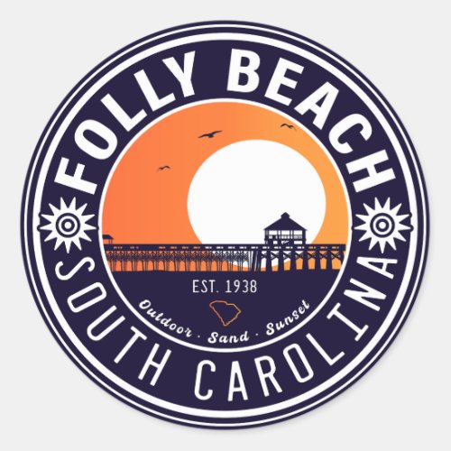 Folly Beach SC Souvenirs Retro Sunset Pier 60s Classic Round Sticker