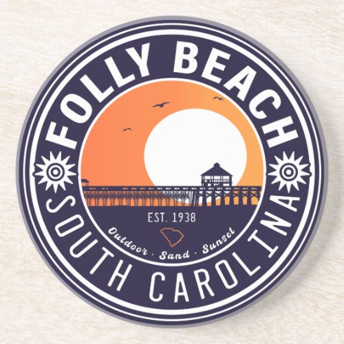 Folly Beach SC Souvenirs Retro Sunset Pier 60s Coaster