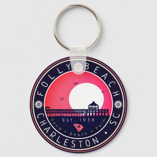 Folly Beach SC Souvenirs Retro Sunset Pier 60s Keychain