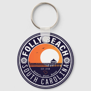 Folly Beach SC Souvenirs Retro Sunset Pier 60s Keychain