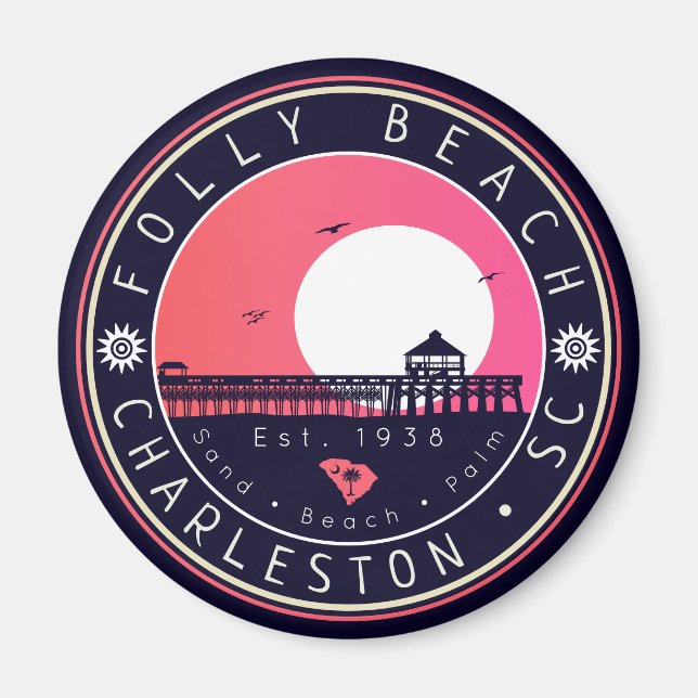 Folly Beach SC Souvenirs Retro Sunset Pier 60s Magnet (Front)