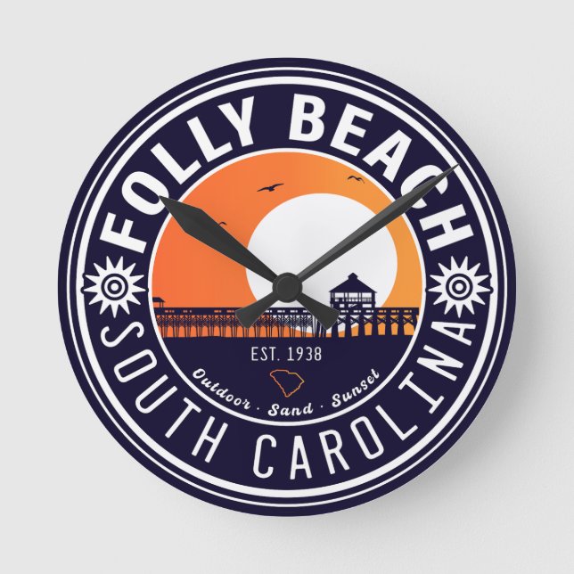 Folly Beach SC Souvenirs Retro Sunset Pier 60s Round Clock (Front)