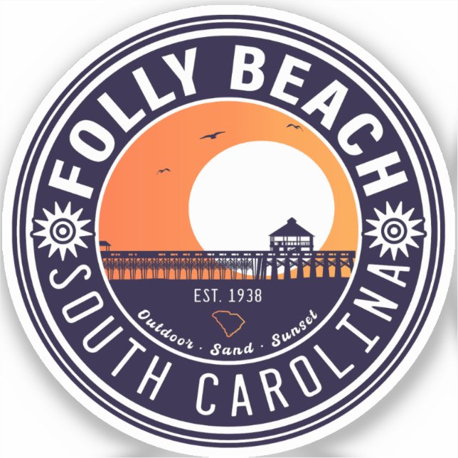 Folly Beach SC Souvenirs Retro Sunset Pier 60s Sticker (Front)