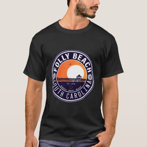 Folly Beach SC Souvenirs Retro Sunset Pier 60s T_Shirt