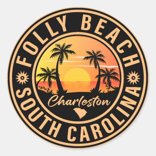 Folly Beach South Carolina Retro Souvenirs Classic Round Sticker