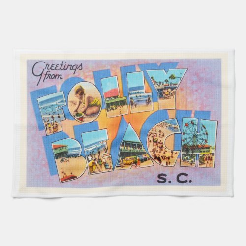 Folly Beach South Carolina SC Old Vintage Postcard Kitchen Towel