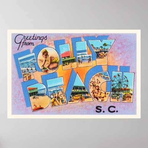 Folly Beach South Carolina SC Old Vintage Postcard Poster
