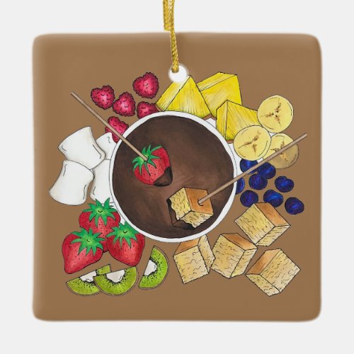 Fondue Fruit Cake Berries Marshmallow Dessert Food Ceramic Ornament