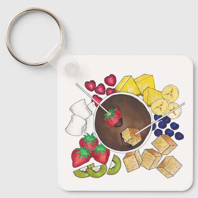 Fondue Fruit Cake Berries Marshmallow Dessert Food Keychain (Front)