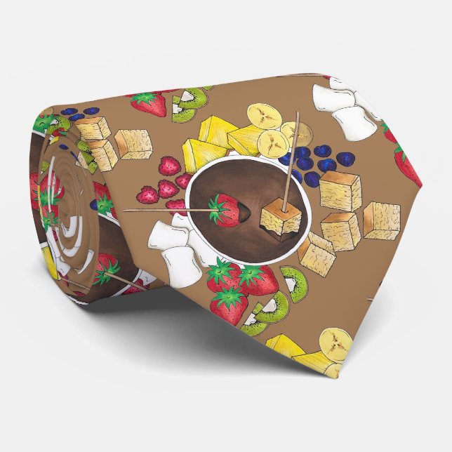 Fondue Fruit Cake Berries Marshmallow Dessert Food Neck Tie (Rolled)