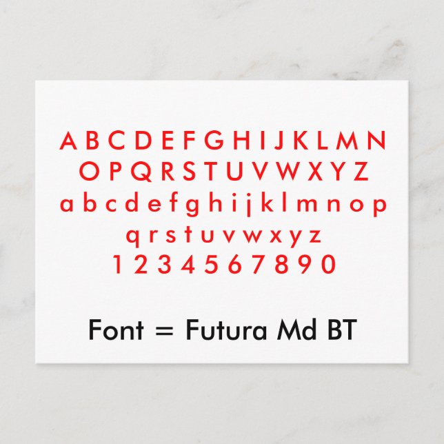 Font = Futura Md BT alphabet letters, digits Postcard (Front)