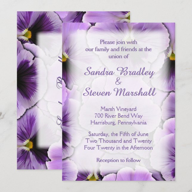 Font hidden Purple Pansy Wedding Invitation (Front/Back)