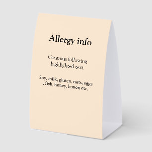 Food allergy alert add name text food items invita paper table tent