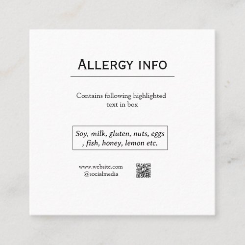 Food allergy alert add name text food items QR Square Business Card