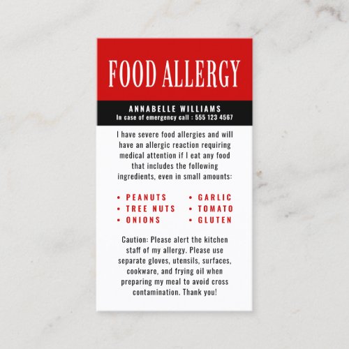 Food Allergy Alert  Calling Card