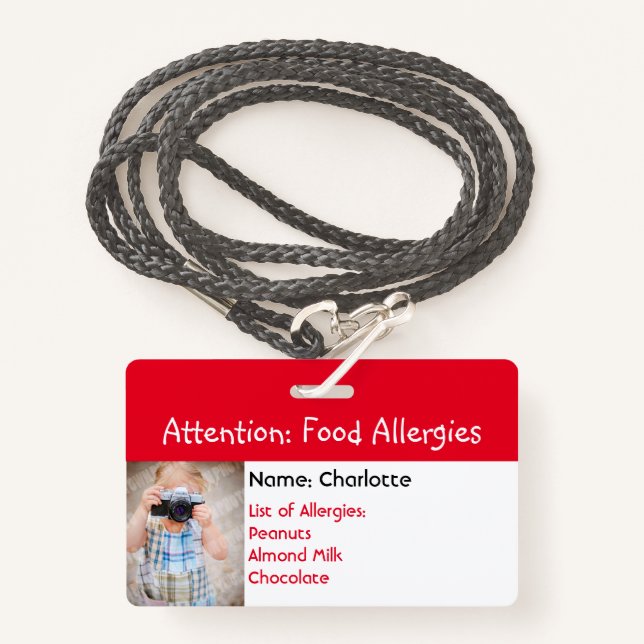 Food Allergy Alert Custom photo badge (Front with Lanyard)