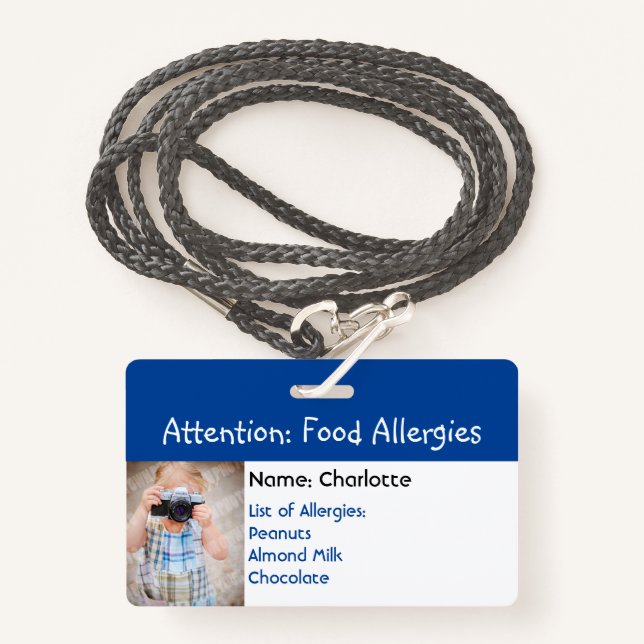 Food Allergy Alert Custom photo badge (Front with Lanyard)