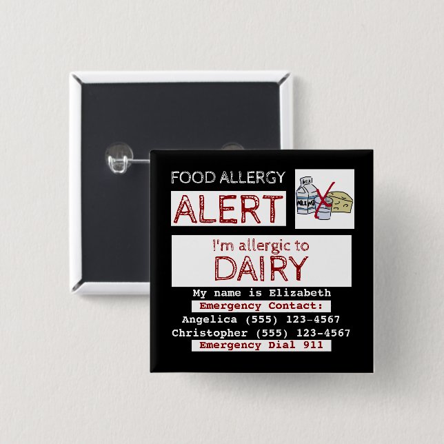 Food Allergy Alert Easy Edit Label Square Button (Front & Back)