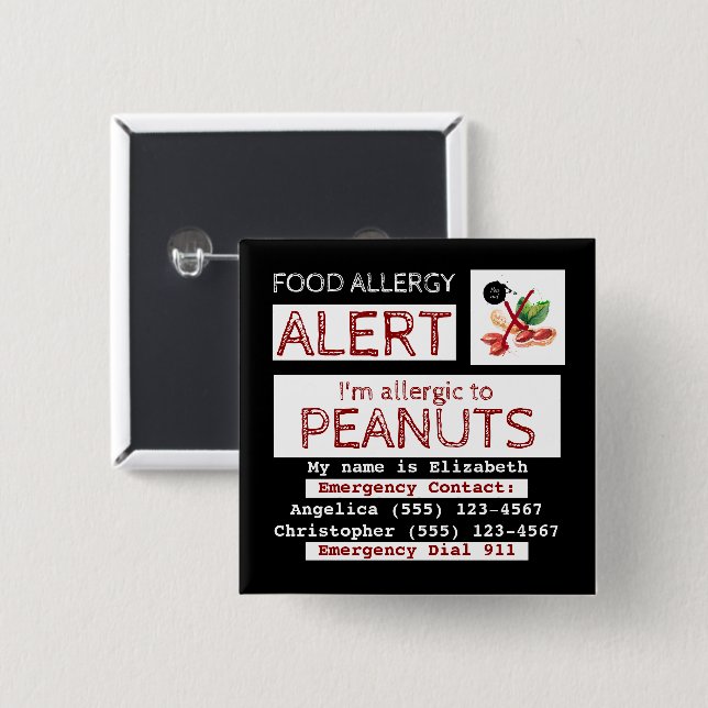 Food Allergy Alert Easy Edit Square Label Button (Front & Back)