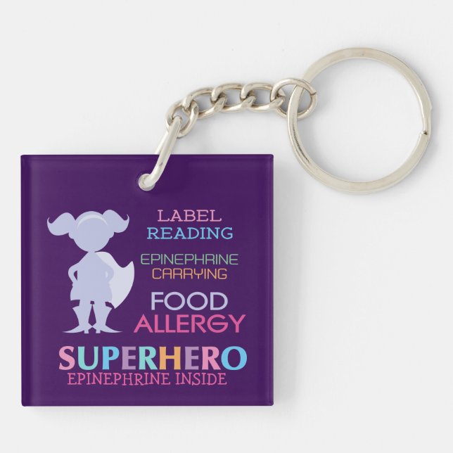 Food Allergy Alert Girl Superhero Kids Custom Keychain (Back)