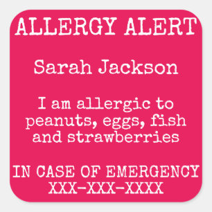 Food Allergy Alert In Case of Emergency Contact Square Sticker