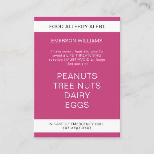 Food Allergy Alert Personalized Chef Card