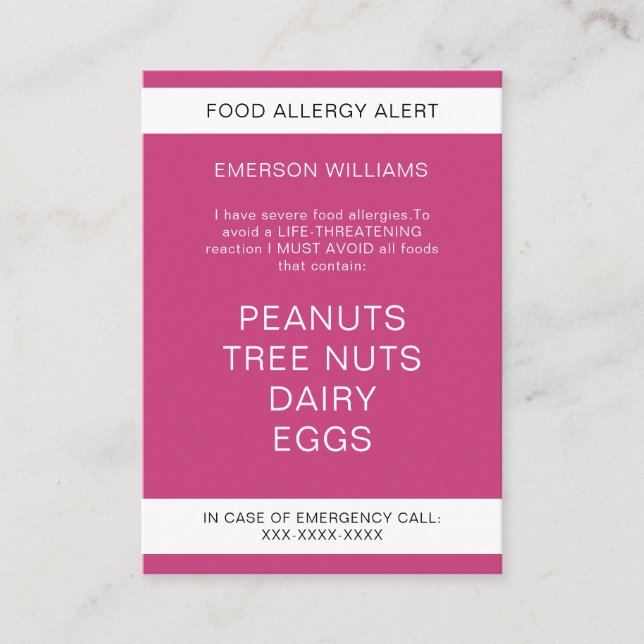 Food Allergy Alert Personalized Chef Card (Front)