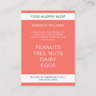 Food Allergy Alert Personalized Chef Card