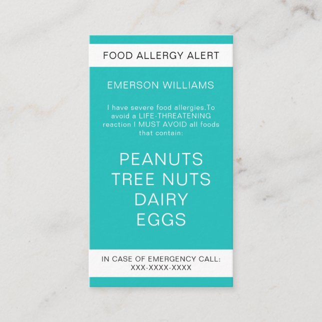 Food Allergy Alert Personalized Chef Card (Front)