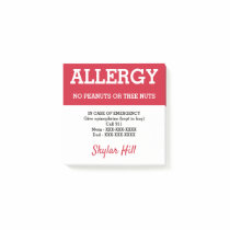 Food Allergy Alert Personalized Emergency Contact Post-it Notes