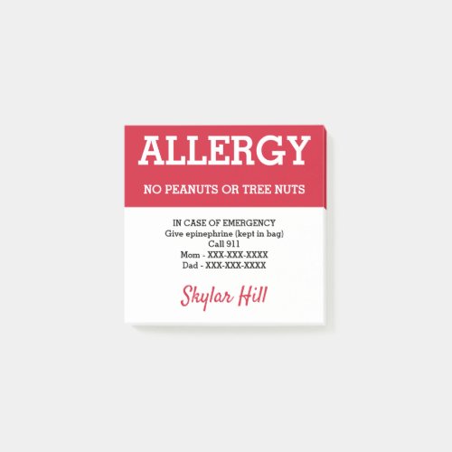 Food Allergy Alert Personalized Emergency Contact Post_it Notes