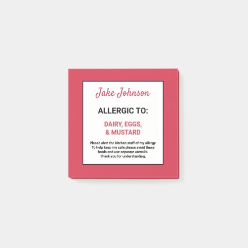 Food Allergy Alert Personalized Red Restaurant Post_it Notes