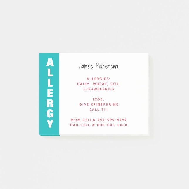 Food Allergy Alert Personalized Teal Emergency Post-it Notes (Front)