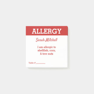 Food Allergy Alert Restaurant Card Server Post-it Notes