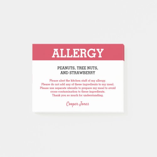 Food Allergy Alert Restaurant Personalized Post_it Notes