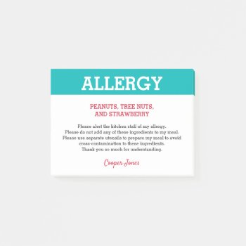 Food Allergy Alert Restaurant Personalized Teal Post-it Notes by LilAllergyAdvocates at Zazzle