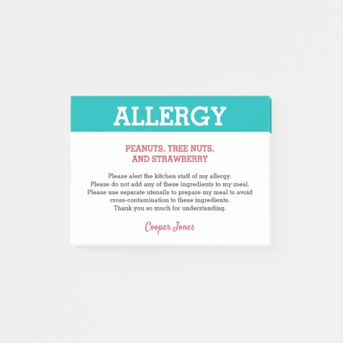 Food Allergy Alert Restaurant Personalized Teal Post_it Notes