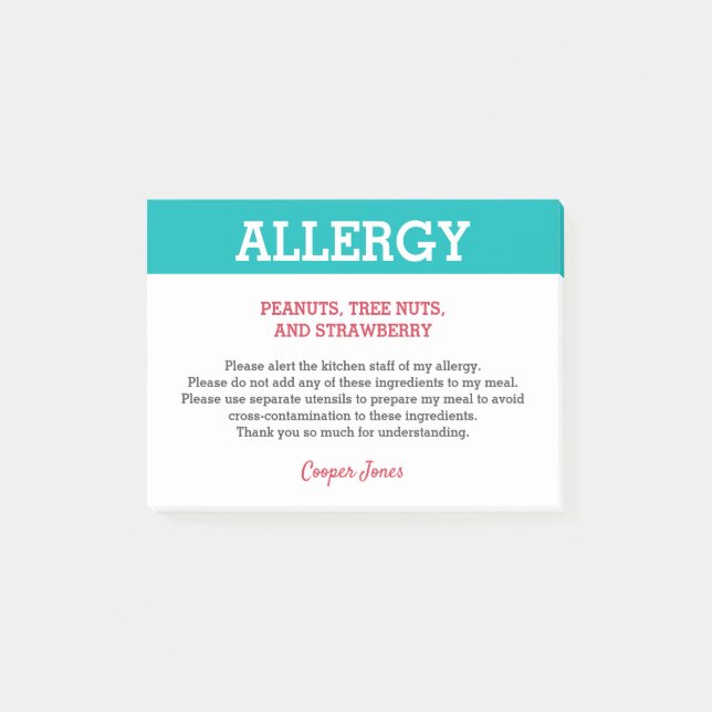 Food Allergy Alert Restaurant Personalized Teal Post-it Notes (Front)