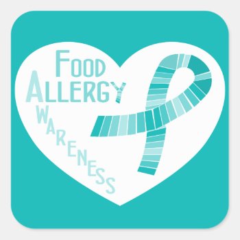 Food Allergy Awareness Teal Ribbon Heart Square Sticker by LilAllergyAdvocates at Zazzle
