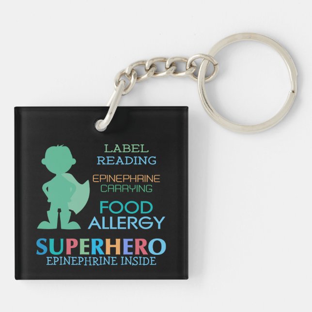 Food Allergy Boy Superhero Personalized Kids Keychain (Back)