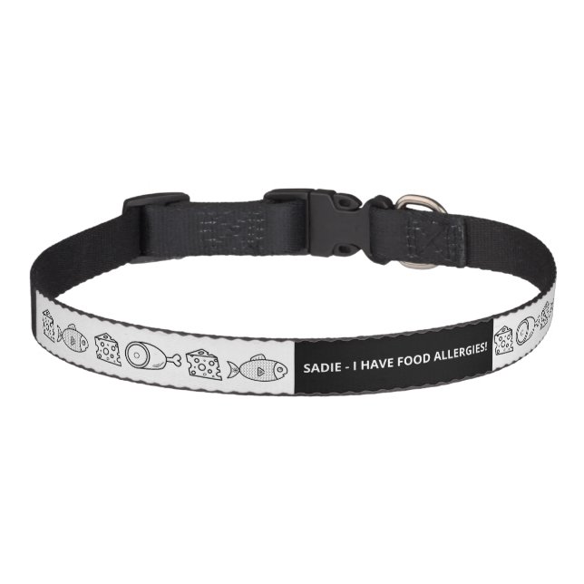 Food Allergy - Cartoon Fish, Meat, Cheese & Text Pet Collar (Front)