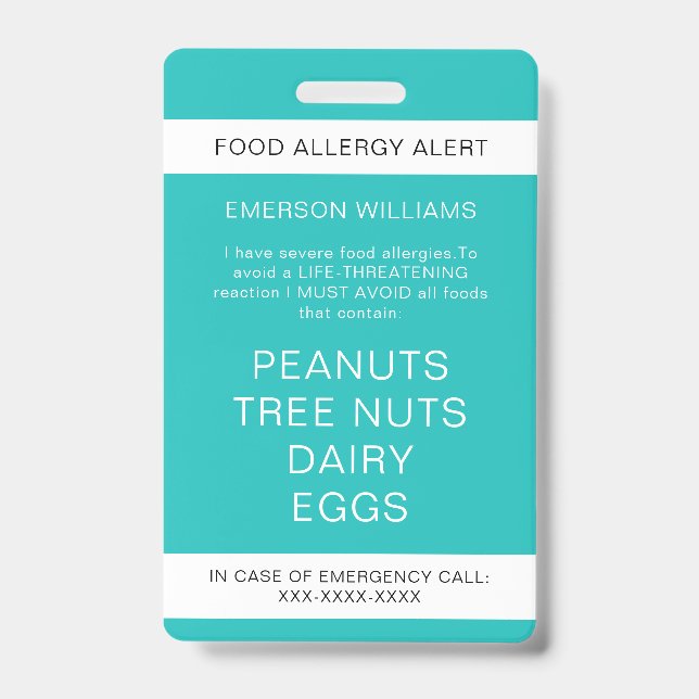 Food Allergy Medical Alert Emergency Contact Badge (Front)