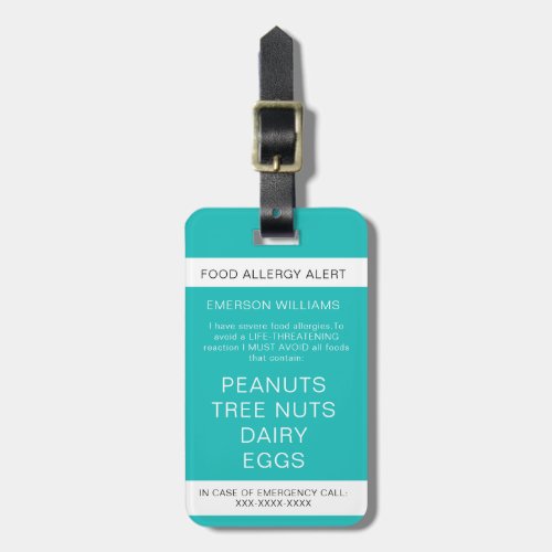 Food Allergy Medical Alert Emergency Contact Bag Luggage Tag