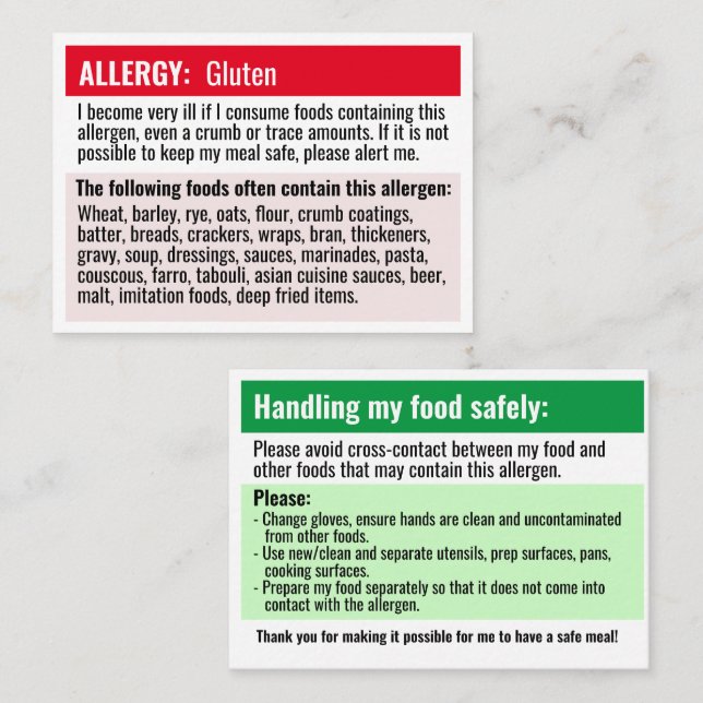 Food allergy restaurant card allergen warning card (Front/Back)