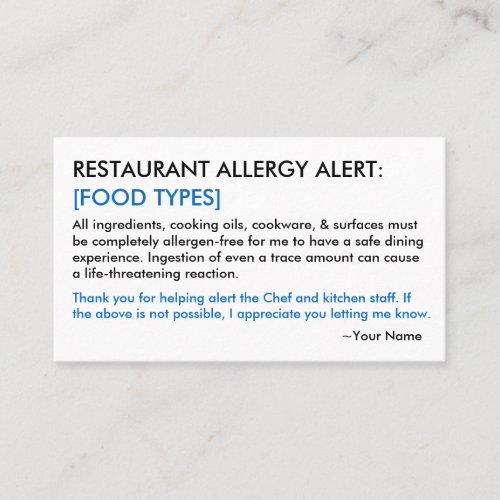 Food Allergy Restaurant  ICE Card